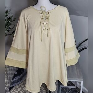 Easel Boho Chic Lace-Up Bell Sleeve Tunic Top–Soft Yellow Green & White Striped